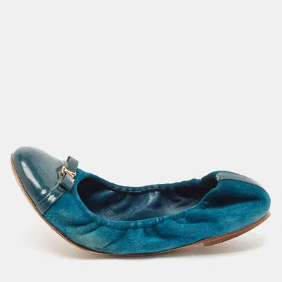 Pre-owned Louis Vuitton Green Patent Leather And Suede Elba Ballet Flats Size 37.5