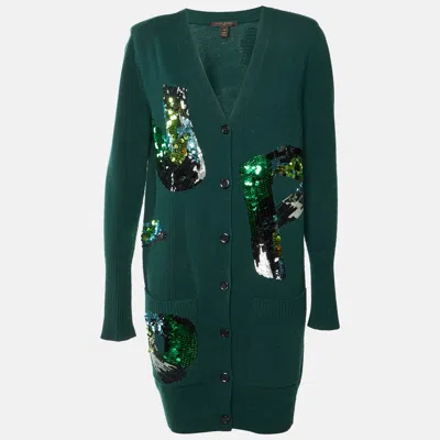 Pre-owned Louis Vuitton Green Sequin Embellished Wool Knit Long Cardigan M