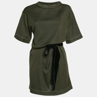 Pre-owned Louis Vuitton Green Wool Blend Knit And Velvet Trim Mini Dress M