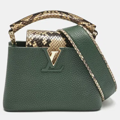 Pre-owned Louis Vuitton Green/beige Leather And Python Capucines Mini Bag