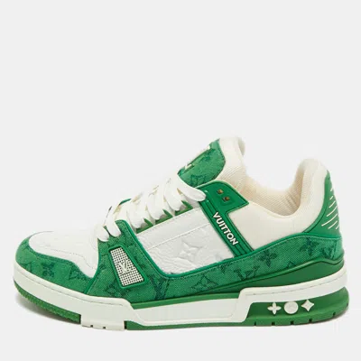 Pre-owned Louis Vuitton Green/white Denim And Leather Lv Trainer Lace Up Sneakers Size 41.5