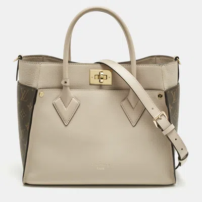 Pre-owned Louis Vuitton Greige Leather And Monogram Canvas On My Side Mm Tote Bag In Sand