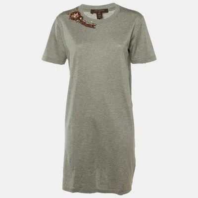 Pre-owned Louis Vuitton Grey Logo Patch Embellished Detail Cotton T-shirt Xl In Gray