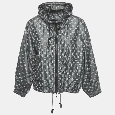 Pre-owned Louis Vuitton Grey Logo Print Silk Blend Zip-up Hooded Jacket S In Gray