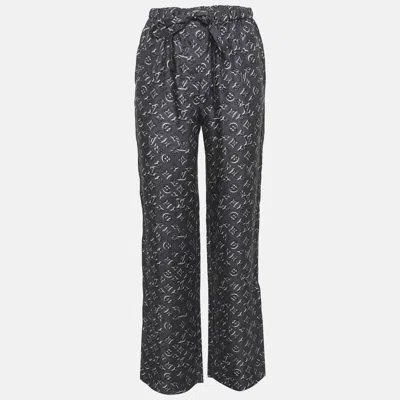 Pre-owned Louis Vuitton Grey Logo Print Silk Trousers S In Gray