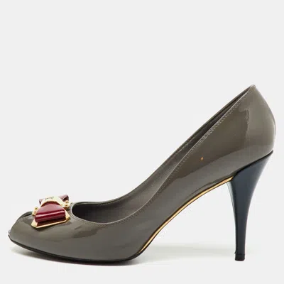 Pre-owned Louis Vuitton Grey Patent Leather Lou Peep Toe Pumps Size 37 In Gray