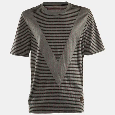 Pre-owned Louis Vuitton Grey Striped Cotton V Detail Crew Neck T-shirt Xxl In Gray