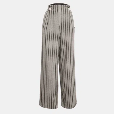 Pre-owned Louis Vuitton Grey Striped Wool High-waist Wide Leg Trousers M
