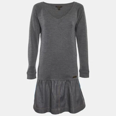 Pre-owned Louis Vuitton Grey Wool Knit And Cotton Pleated Short Dress M In Gray