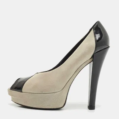 Pre-owned Louis Vuitton Grey/black Suede And Patent Leather Peep Toe Platform Pumps Size 39 In Gray