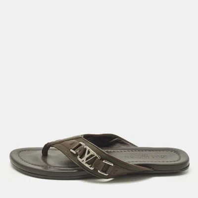 Pre-owned Louis Vuitton Hamptons Size 43.5 Dark Brown/olive Leather And Canvas Thong Sandals