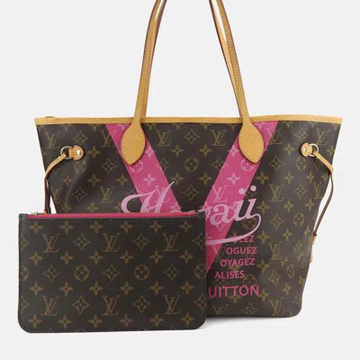 Pre-owned Louis Vuitton Hot Pink Monogram Hawaii V Neverfull Mm Tote Bag In Brown