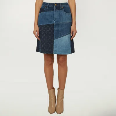 Pre-owned Louis Vuitton Indigo Colorblock Denim Patchwork Mini Skirt M/waist 31" In Blue