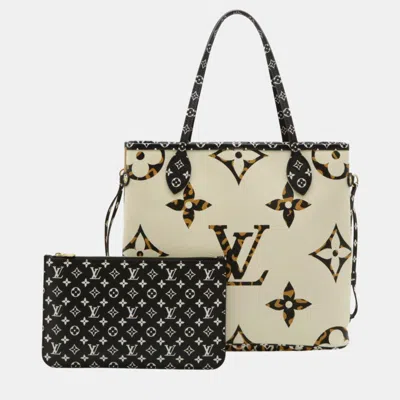 Pre-owned Louis Vuitton Ivory Camel Giant Monogram Jungle Neverfull Mm Tote Bag In Cream
