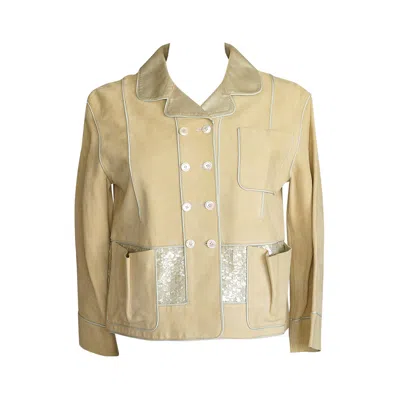 Pre-owned Louis Vuitton Jacket Adorned Suede Paillettes Gold Leather Collar Lining 34 4