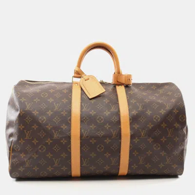 Pre-owned Louis Vuitton Keepall 50 Boston Travel Hand Bag Monogram Leather In Brown