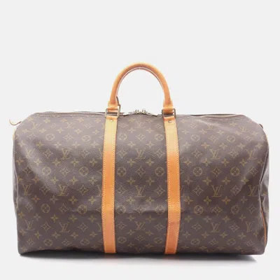 Pre-owned Louis Vuitton Keepall 55 Travel Bag Monogram Canvas Leather Unisex In Brown