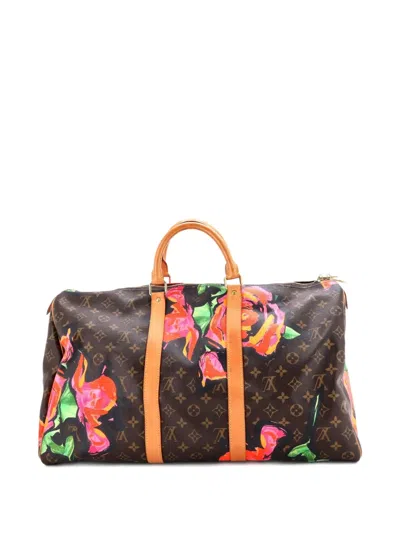 Pre-owned Louis Vuitton Keepall Bag Limited Edition Monogram Roses 50 Satchel In Brown