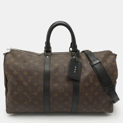 Pre-owned Louis Vuitton Keepall Bandouliere 45 Monogram Macassar Suitcase In Brown