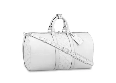 Pre-owned Louis Vuitton Keepall Bandouliere 50 Monogram/taiga In Optic White