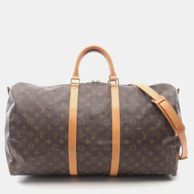 Pre-owned Louis Vuitton Keepall Bandouliere 55 Hand Travel Bag Luggage Monogram In Brown
