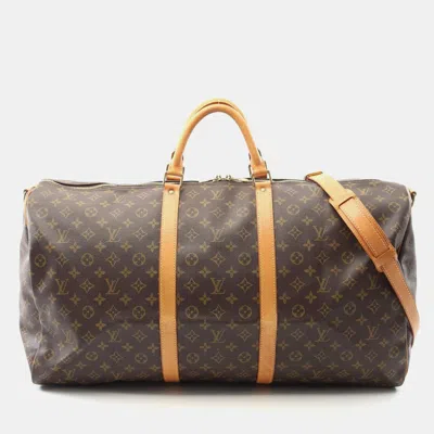 Pre-owned Louis Vuitton Keepall Bandouliere 60 Monogram Travel Bag In Brown