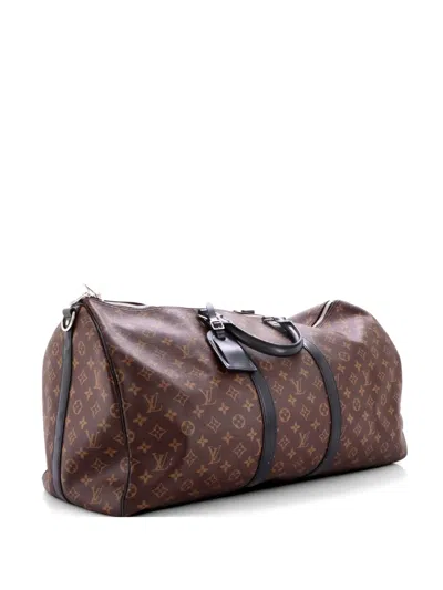 Pre-owned Louis Vuitton Keepall Bandouliere Bag Macassar Monogram Canvas 55 Travel Bag In Brown
