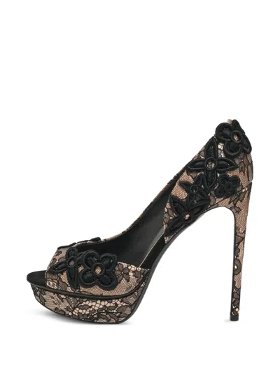 Pre-owned Louis Vuitton Lace Floral-appliqué Pumps In Black