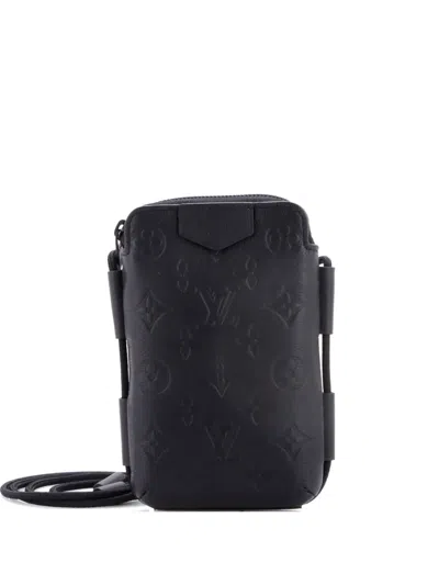 Pre-owned Louis Vuitton Lace Up Pouch Monogram Shadow Leather Crossbody Bag In Black