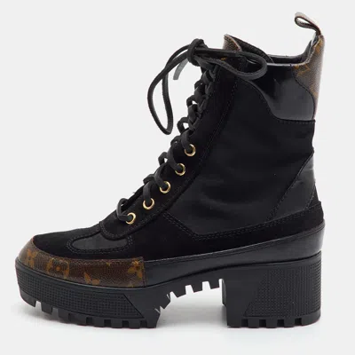 Pre-owned Louis Vuitton Laureate Size 36 Black Monogram Canvas Fabric And Suede Platform Combat Boots