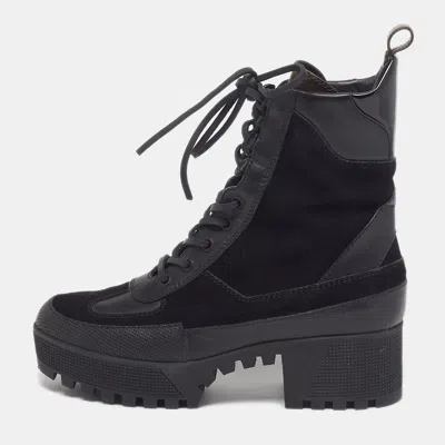 Pre-owned Louis Vuitton Laureate Size 37.5 Black/brown Monogram Leather And Suede Combat Boots
