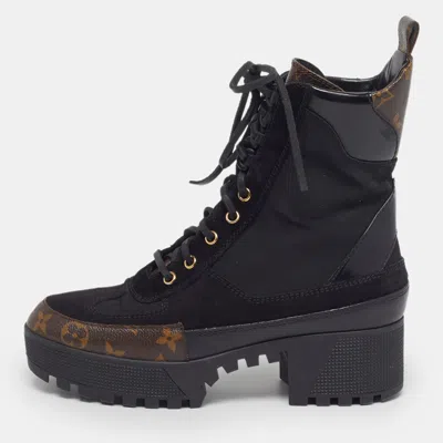 Pre-owned Louis Vuitton Laureate Size 38 Black Coated Canvas And Leather And Suede Ankle Length Boots