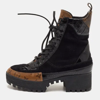 Pre-owned Louis Vuitton Laureate Size 38 Black Suede And Reverse Monogram Canvas Combat Boots
