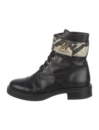 Pre-owned Louis Vuitton Leather Animal Print Combat Boots In Black