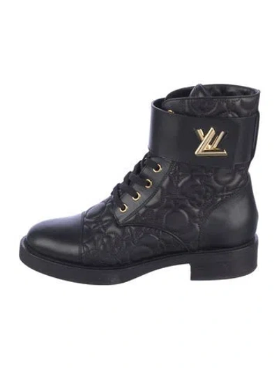 Pre-owned Louis Vuitton Leather Embroidered Accent Combat Boots In Black