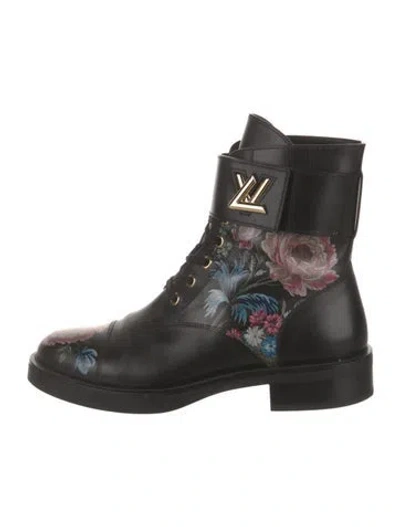 Pre-owned Louis Vuitton Leather Floral Print Combat Boots In Black