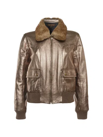 Pre-owned Louis Vuitton Leather Fur Collar Jacket In Gold