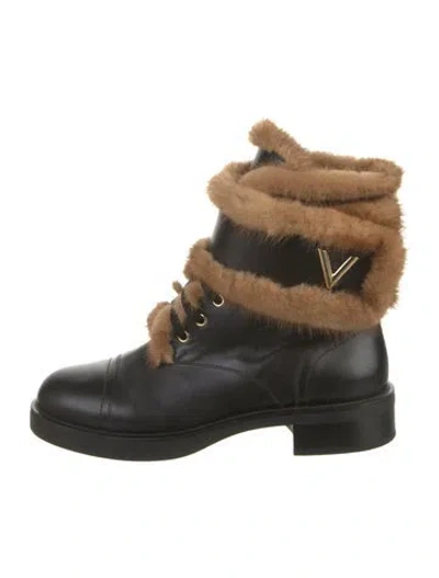 Pre-owned Louis Vuitton Leather Fur Trim Lace-up Boots In Black