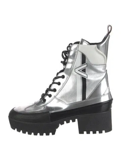 Pre-owned Louis Vuitton Leather Graphic Print Combat Boots In Silver