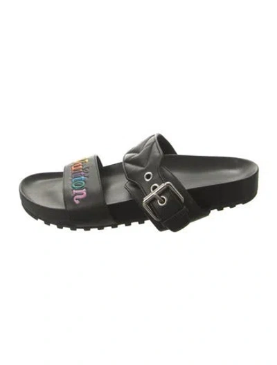 Pre-owned Louis Vuitton Leather Graphic Print Slides In Black