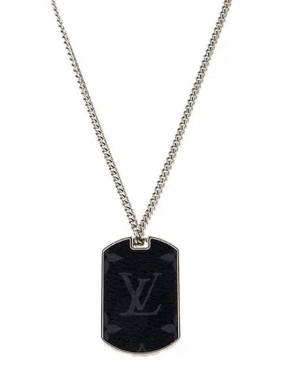 Pre-owned Louis Vuitton Leather Monogram Eclipse Pendant Necklace, 25" In Black
