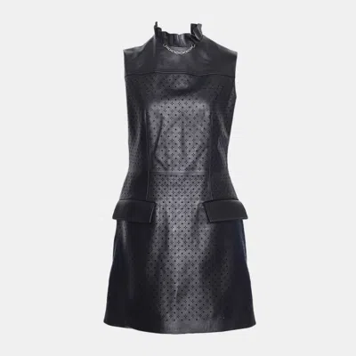 Pre-owned Louis Vuitton Leather Perforated Dress With Ruffle Details Fr 38 In Black