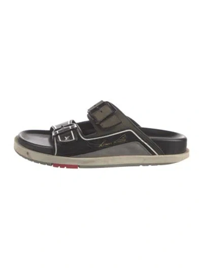 Pre-owned Louis Vuitton Leather Striped Slides In Black