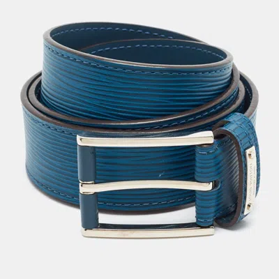 Pre-owned Louis Vuitton Legend 95 Cm Buckle Belt Cyan Epi Leather In Blue