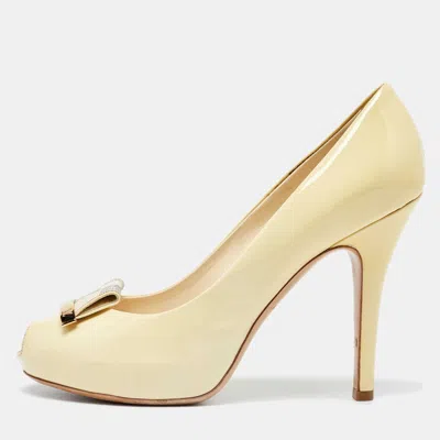 Pre-owned Louis Vuitton Light Yellow Patent Leather Platform Peep Toe Pumps Size 37