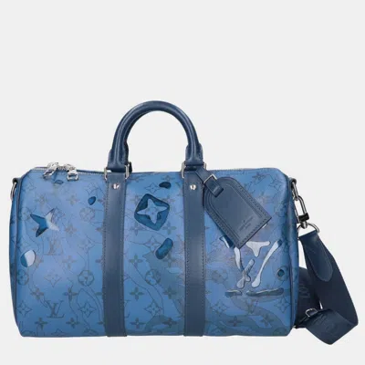 Pre-owned Louis Vuitton Limited Edition Aquagarden Monogram Canvas 35 Keepall Bandouliere Bag Duffel Bags In Blue