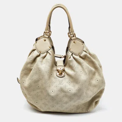 Pre-owned Louis Vuitton Lin Monogram Mahina Leather L Bag In Beige