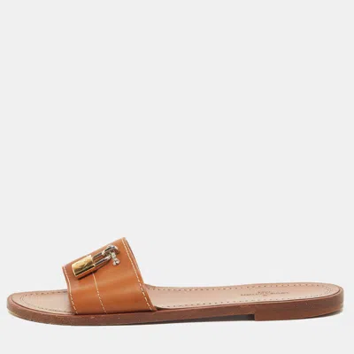 Pre-owned Louis Vuitton Lock It Size 35 Brown Leather Flat Slides