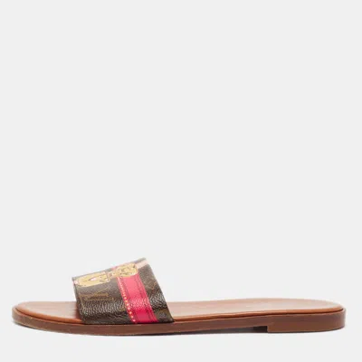 Pre-owned Louis Vuitton Lock It Size 37.5 Brown Monogram Canvas Flat Slides
