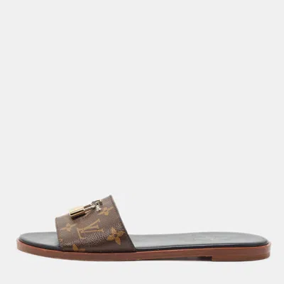 Pre-owned Louis Vuitton Lock It Size 38 Brown Monogram Canvas Flat Slide Sandals